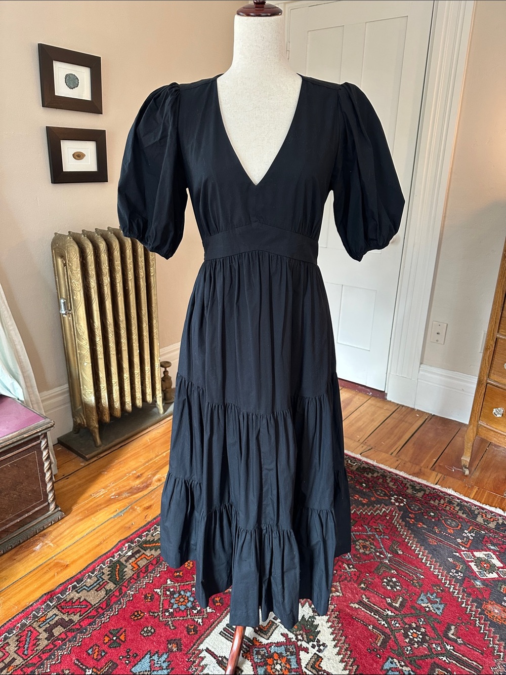 Boden Black Cotton V-Neck Puff Sleeve Tiered Maxi Dress